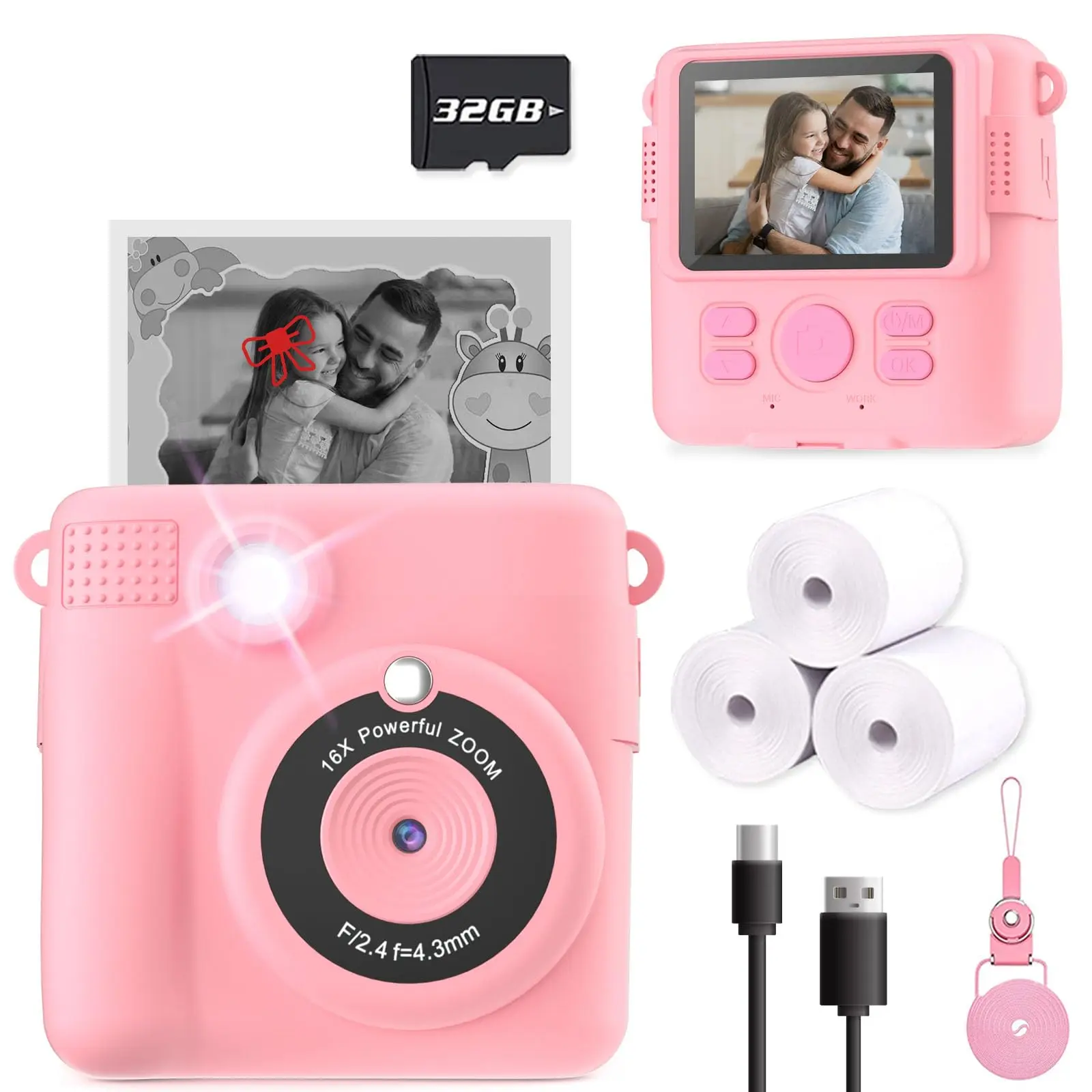 Kids Instant Print Camera, No-Ink Thermal Print Camera for Girls Boys Age 3-12, 1080P Video Toy Camera with 32GB Card, 3 Paper Rolls, Birthday Christmas Gift
