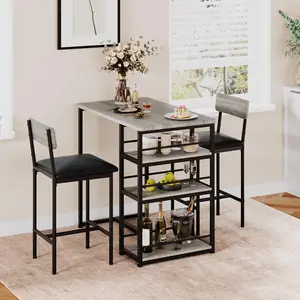Dining Table Set for 2 with 3 Storage Shelves, 3-Piece Counter Height Kitchen Table Set with 2 Upholstered Bar Stools, Bar Table and Chairs Set for Small Space