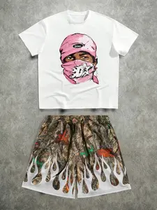 Two Men's Streetwear-Style Fitted Outfits: a Printed T-Shirt and Flame Camouflage Shorts, a Hip-Hop Style Suitable for Everyday Casual Occasions.
