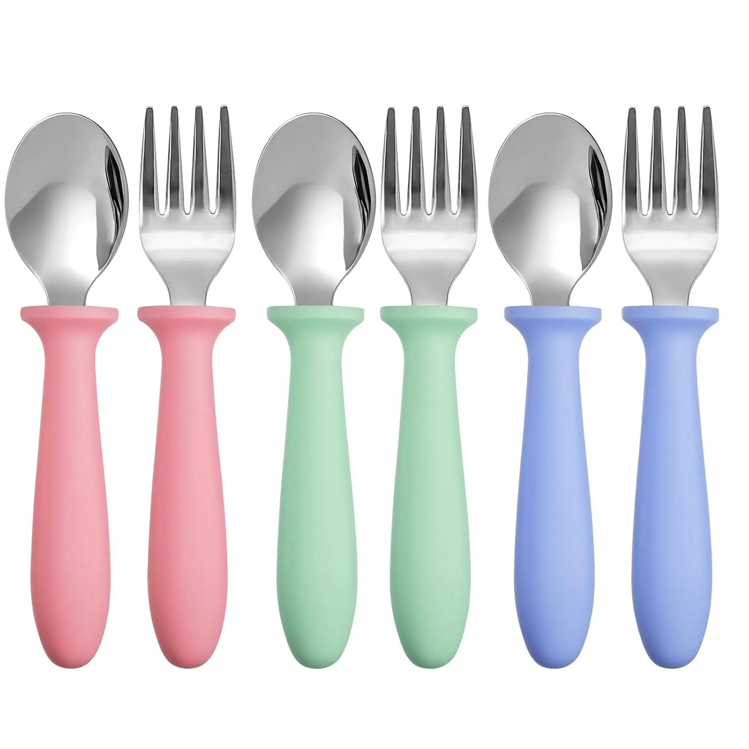 Summer Spring Gift 6 Pieces Toddler Utensils Forks and Spoons,Kids Silverware Set with Plastic Handle Stainless Steel Toddler Silverware,Dishwasher Safe