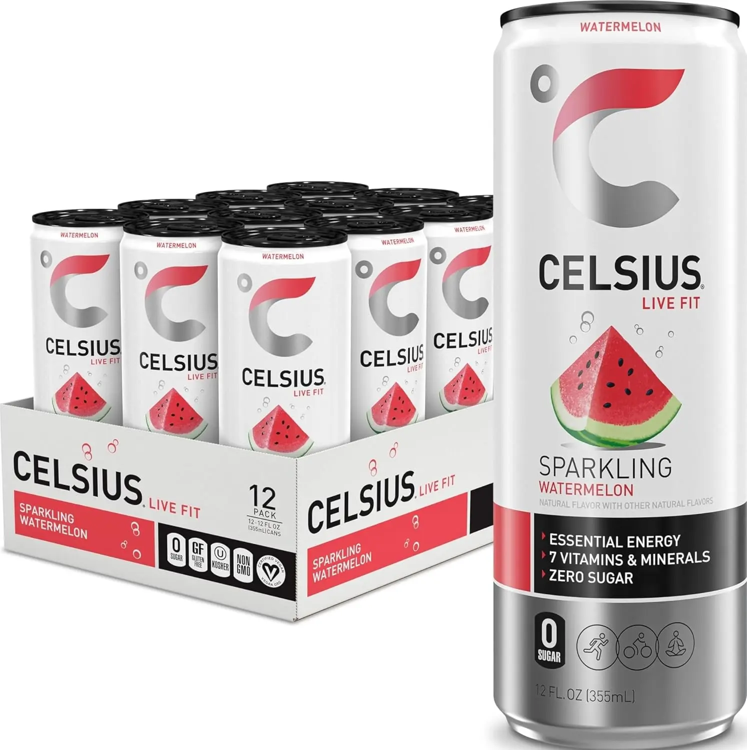 CELSIUS Sparkling Watermelon, Sugar Free Energy Drink, 12 Fl Oz (Pack of 12)