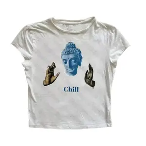 Aesthetic Buddha Chill Baby Tee, Goth Vintage Street Women Tees, Grunge Punk Printing Tops, Y2k Clothes, Aesthetic Slim Baby Tees, Emo Girl Aesthetic Tees