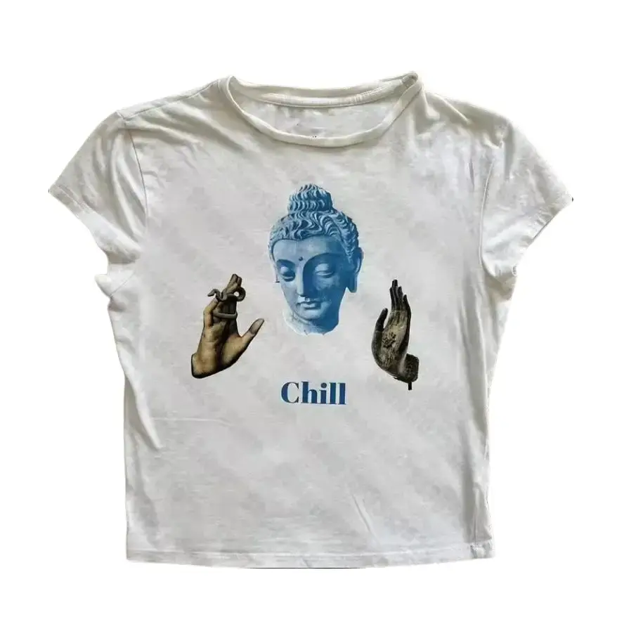 Aesthetic Buddha Chill Baby Tee, Goth Vintage Street Women Tees, Grunge Punk Printing Tops, Y2k Clothes, Aesthetic Slim Baby Tees, Emo Girl Aesthetic Tees