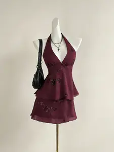 2 Piece Spring Summer Halter Floral Embroidered Set for Women, Sequin Floral Halter Crop Top + Tiered Ruffle Chiffon Mini Skirt, Deep V Neck Backless Slim Fit Two Piece Outfit, Elegant Sexy Versatile Set for Wedding Guest Date Night Prom Club Vacation