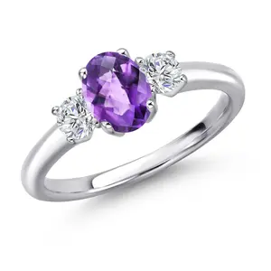 Gem Stone King 925 Sterling Silver Gemstone Birthstone and White Lab Grown Diamond 3-Stone Engagement Ring for Women | Oval 7X5MM and Round 3MM | Wedding Anniversary Promise Ring | Sizes 5, 6, 7, 8, 9
