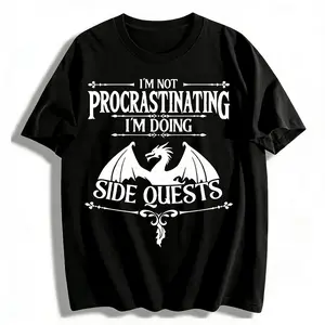 Crew Neck T-Shirt with Dragon Graphic and "Not Procrastinating, Doing Side Quests" Slogan - Casual Style, Short Sleeve, Regular Fit, Knit Fabric - Summer Collection