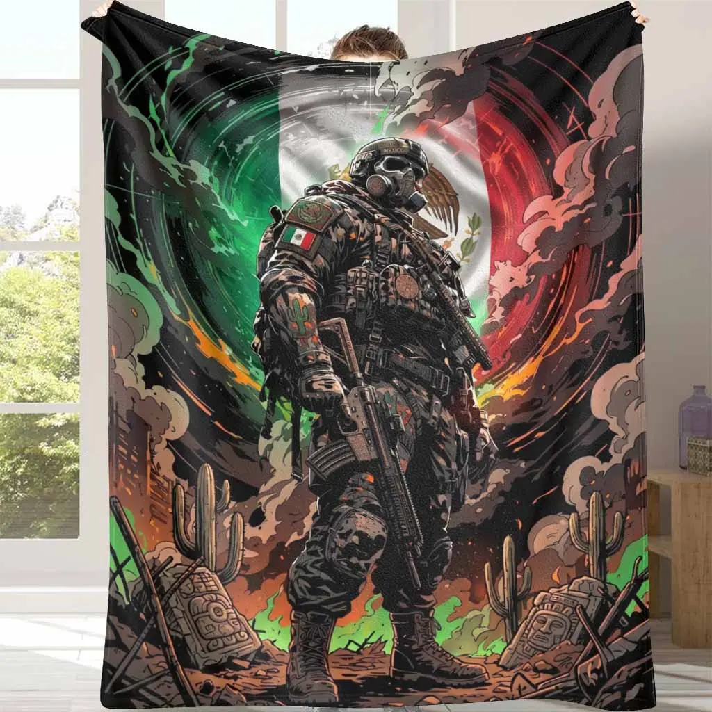 Mexican Soldier Theme Flannel Printed Blanket - Tactical Warrior National Flag Pattern, Anti-Fade Microfiber, Fluffy Soft Blanket, Warm, Breathable, Wrinkle-Resistant, Durable, Multi-Size Indoor/Outdoor Throw, Ideal for Living Room, Business Trips Gift
