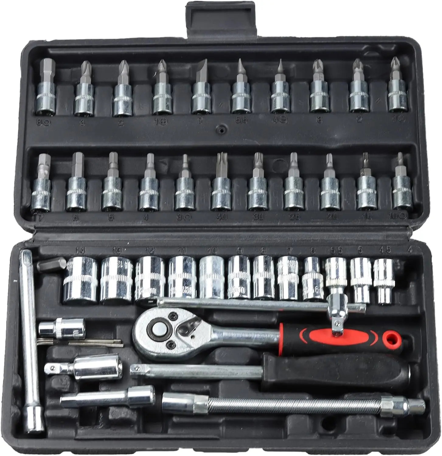 46PCS Small Drive Socket Ratchet Wrench Screwdriver Set, 1/4 Inch Metric Socket and Ratchet Wrench Set with Extension Bar, Upgrade Compact Tool Set for Car