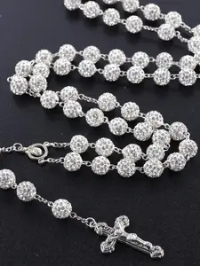 1 Piece Unisex Silver Tone Crystal Pave Rosary Necklace, Gothic Religious Crucifix Pendant Prayer Beads Chain, Sparkly Elegant Jewelry for Church, Baptism, Easter & Daily Wear, Spiritual Religious Gifts Gold-Plated Jesus