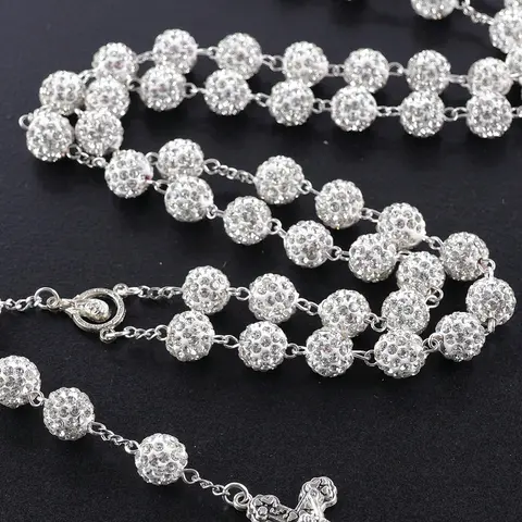 Unisex Alloy Beaded Pendant Necklace - Silver-Tone Christian Style Cross Charm Necklace with Gold-Plated Jesus Charm, Crystal-Set Shine Statement Jewelry, Ideal for Baptism, Women's Daily Wear