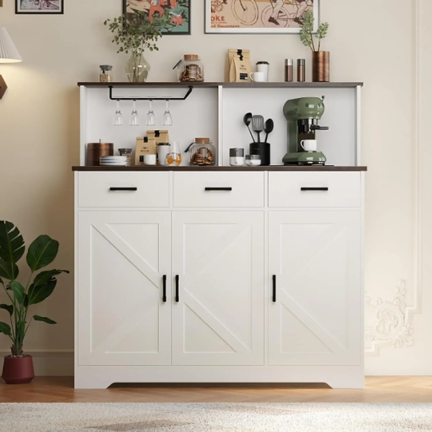 GARVEE White Buffet Cabinet with Microwave Stand,Barn Doors Sideboard Storage Cabinet with Drawers and Shelves,Wood Coffee Bar Cabinet for Kitchen,Living Room
