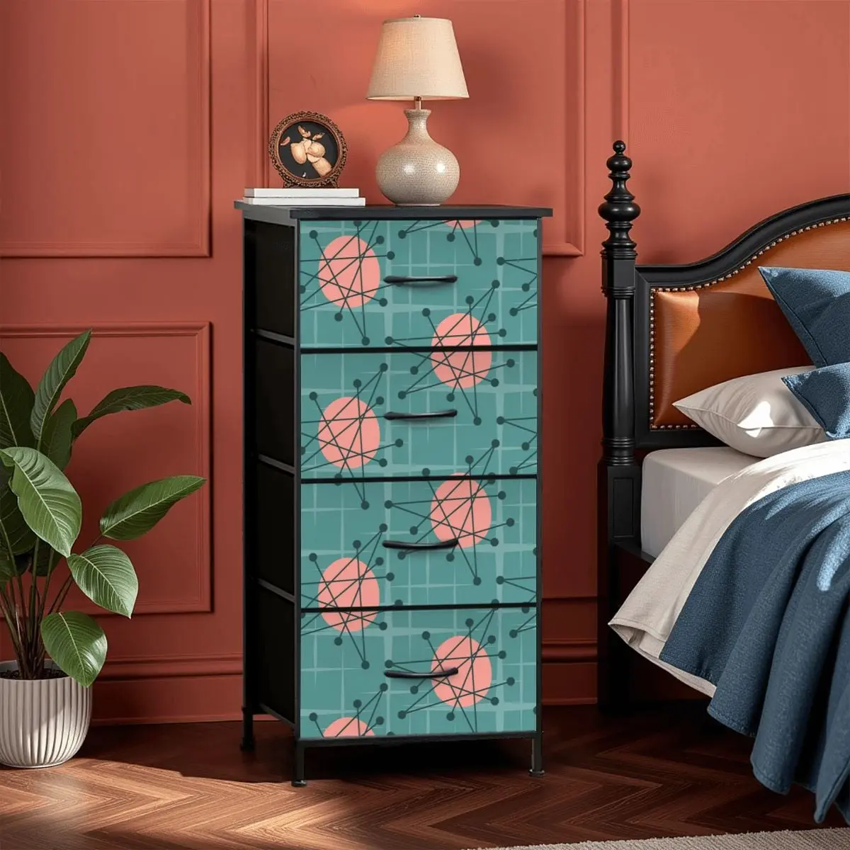Mid Century Modern Atomic Starburst Teal Pink 4-Drawer Dresser