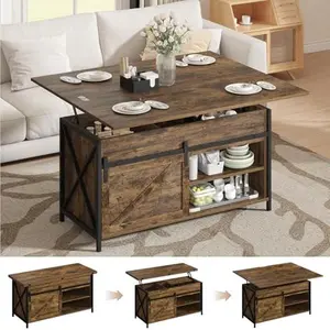 Lift Top Coffee Table with Sliding Door and Storage, 4 in 1 Multi-Function Convertible Tea Table with Hidden Compartment, Farmhouse Center Table with Lift Tabletop for Living Room, Apartment
