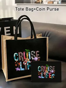 Cruise Theme Linen Tote Bag And Pouch Set, Coconut Tree, Shell, Dolphin, Starfish, Cruise Life Print, Large Capacity Tote Bag And Cosmetic Bag, Lightweight Foldable Pouch, Suitable For Weddings, Birthdays, Beaches, Holidays, Ramadan, Holiday Gifts