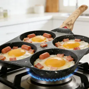 Non-stick Egg Frying Pan, 4 Holes Skillet With Handle, Multifunctional, Thickened pot body Wooden Handle Medical Stone Omelet Non-stick Cookware frying pan