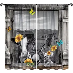 Farmhouse Cow Kitchen Curtains, Rustic Farm Country Vintage Cattle Donkey Pig Barn Door Wood Print Rod Pocket Window Drapes Treatment for Living Room Bedroom 42x45 Inch