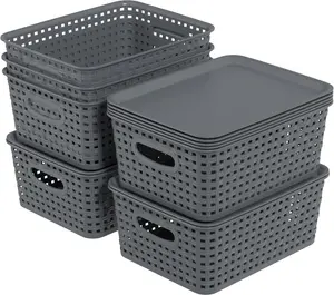 6-Pack Plastic Small Baskets Woven Storage Basket with Lid Stackable Grey for Organizing Room Organizer Lightweight