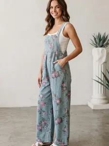 Women's Floral Print Denim Overalls Wide Leg Jumpsuits Casual Baggy Sleeveless Rompers High Waist Pleated Suspender Pants with Pockets