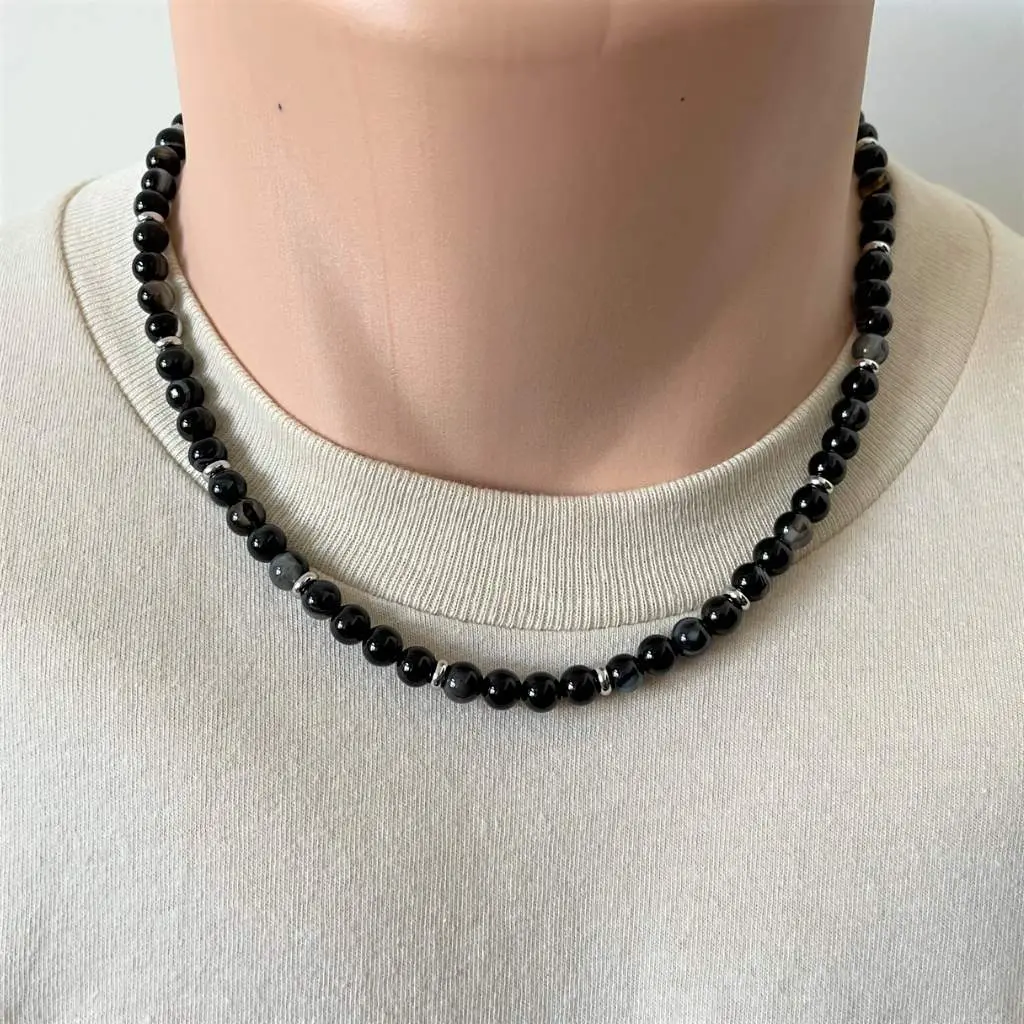 Mens 6mm Black Sardonyx and Silver Spacer Beaded Necklace