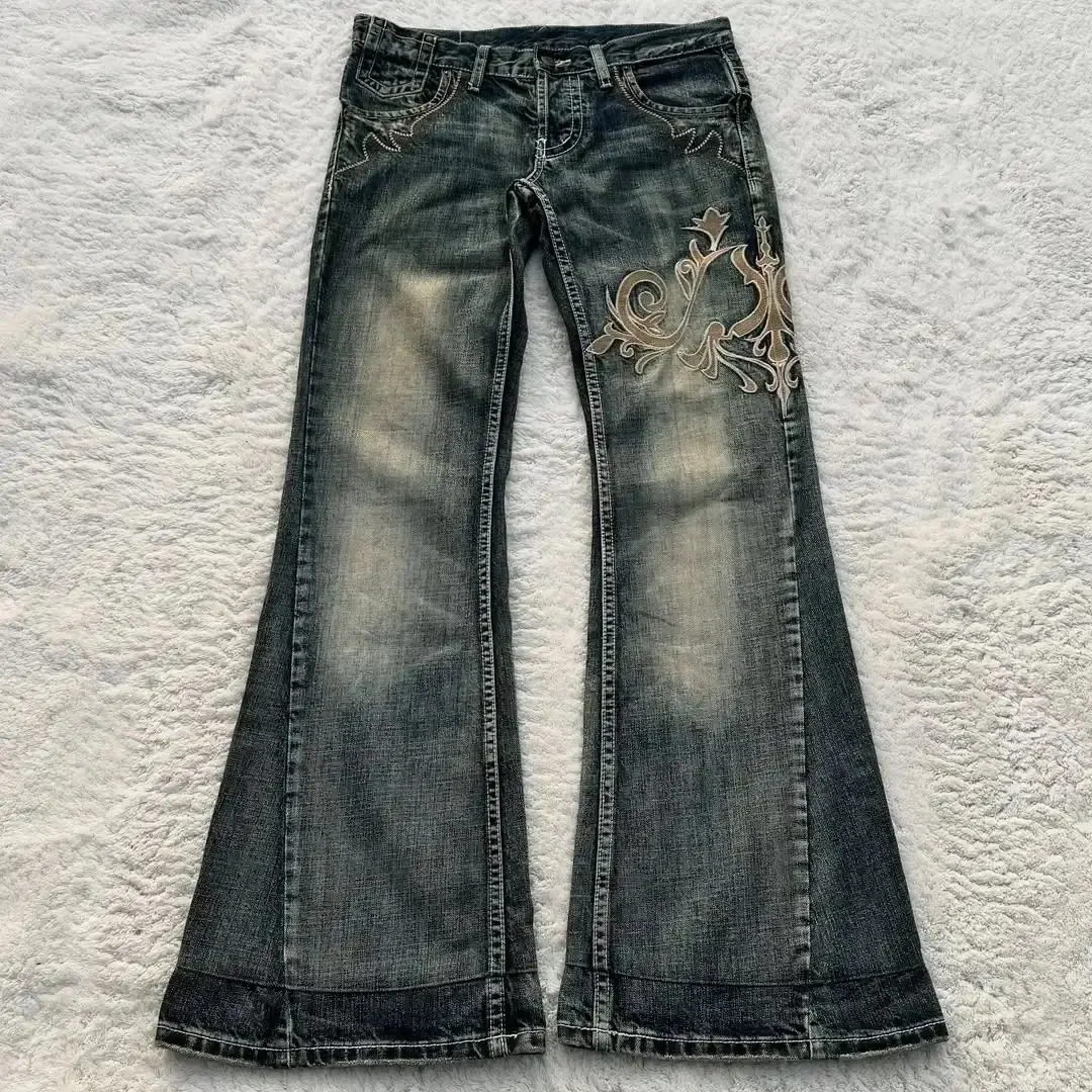 Y2K Western Scroll Embroidery Low Rise Flare Jeans Women, Vintage Mud Faded Distressed Bootcut Denim Trousers, Floral Swirl Embroidery Contrast Stitch Slim Bell Bottom Pants for Grunge Cowgirl Indie Street Outfits