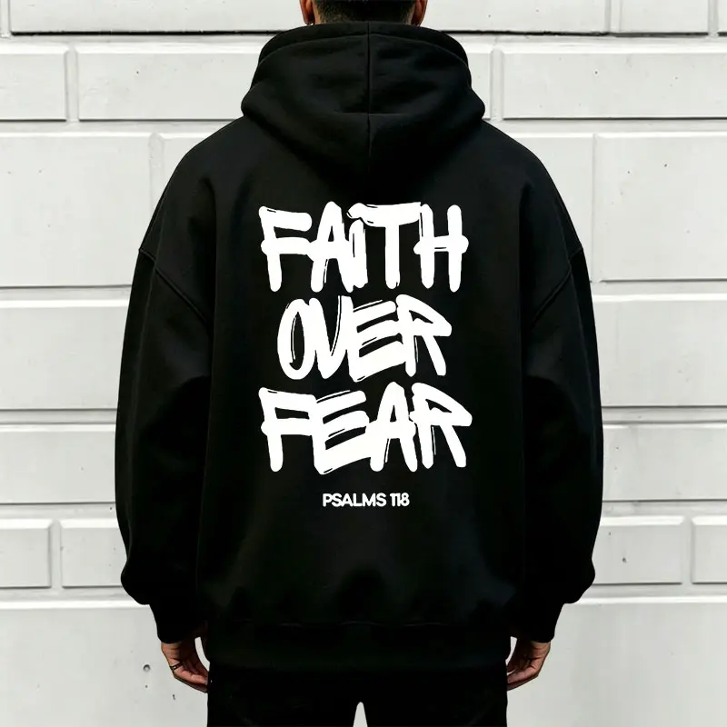 Men's Baggy Oversize Fleece Hoodie - Unisex Faith Over Fear Graffiti Art Double Print Pullover, Casual Street-Style Fashion Long Sleeve Top, Aesthetic, Machine Washable