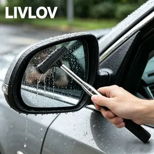 Car Rearview Mirror Wiper, Retractable Auto Side Mirror Squeegee with Telescopic Long Rod, Portable Vehicle Window Glass Cleaning Tool Accessories, Universal for RV, SUV, Truck (Black)