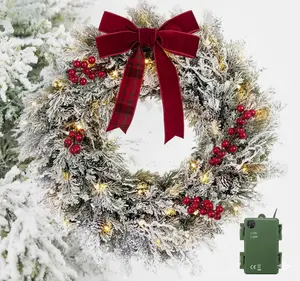 24in Pre-Lit Snow Flocked Christmas Wreath with 50 LED Lights Battery Operated Lifelike Artificial Decor for Home Indoor Outdoor