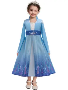 8-12Y Blue Sequins Print Cartoon Cosplay Costume Fancy Carnival Kids Clothes Performance Princess Theme Party Holiday Girls Long Sleeve Ball Gown Children Cocktail Dresses (only dress)