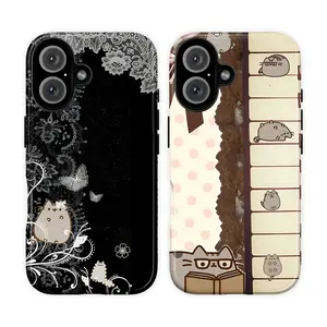 Cute Pusheen Cat Phone Case – Black Lace Gothic Aesthetic with Butterfly & Floral Design, Vintage Soft Grunge Cute Kitty Cover for iPhone 11–17 Pro Max & Samsung Galaxy S21–S26, Coquette Dark Academia Style, Gift for Him & Her