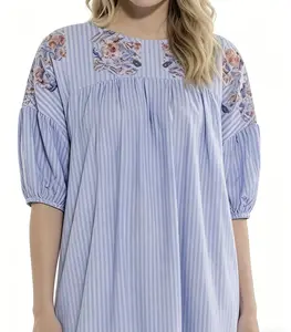 Serene Blue Striped Midi Dress | Cotton Poplin | Puff Sleeve & Smocked Waist | Summer Garden Party Dress