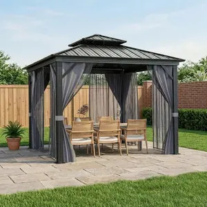 ZR-Garvee 10x13 FT Hardtop Gazebo with Aluminum Frame and Double Roof Outdoor Gazebo with Mosquito Net and Privacy Curtains All Weather Shelter for Patio Garden and Deck