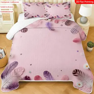 3pcs, 2D flat print Romantic Feather & Butterfly soft bed cover set, Pink Purple Floral Theme, multiple sizes available, bedding set, festive decorative bedding, ideal for bedroom décor, Suitable for all seasons(1 bedspread , 2 pillowcase)