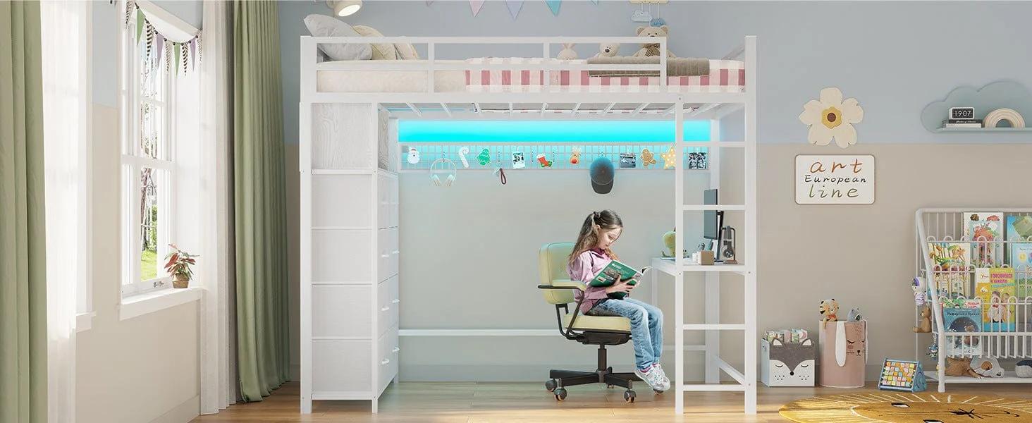 Twin Size LED Loft Bed Frame with Desk and 8 Drawers White