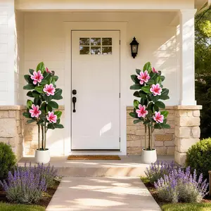 4FT-6FT Faux Rubber Tree & Fiddle Leaf Fig, Multi Trunks & Realistic Touch Foliage, Potted Fake Tree with Flowers for Living Room & Office