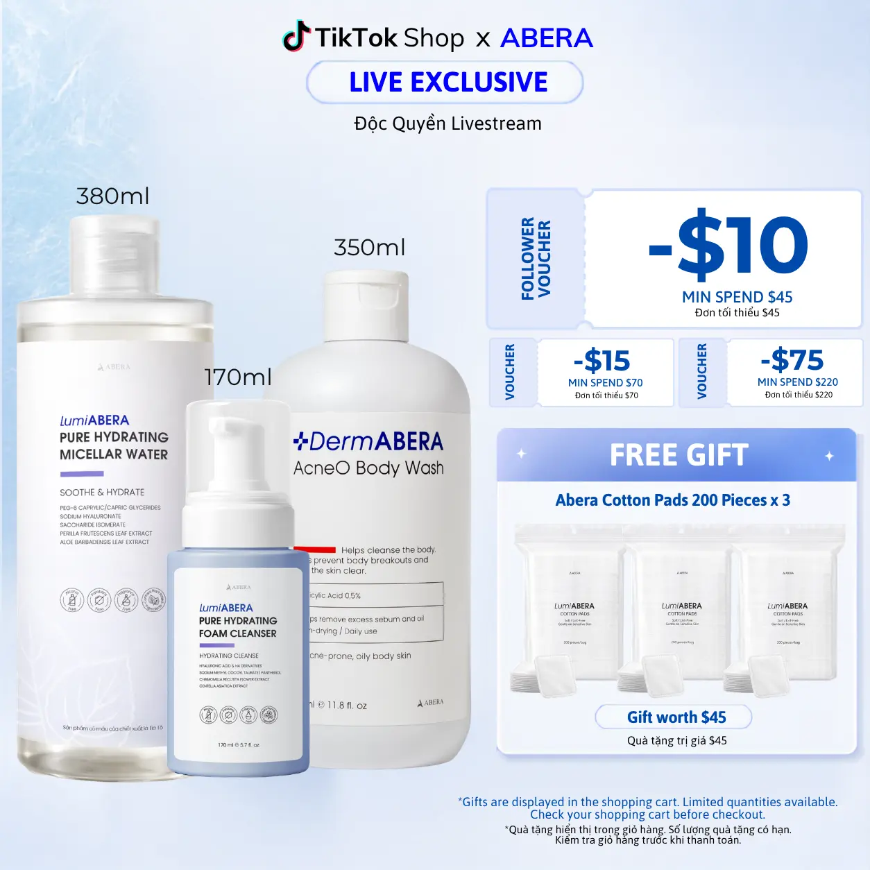 [EXCLUSIVE DEAL] ABERA 3-Step Acne Clear & Glow Daily Routine Set – Micellar Water 380ml, Foam Cleanser 170ml & Acneo Body Wash 350ml