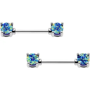 14G 9/16 Blue Faux Opal Forward Facing Barbell Nipple Ring Set