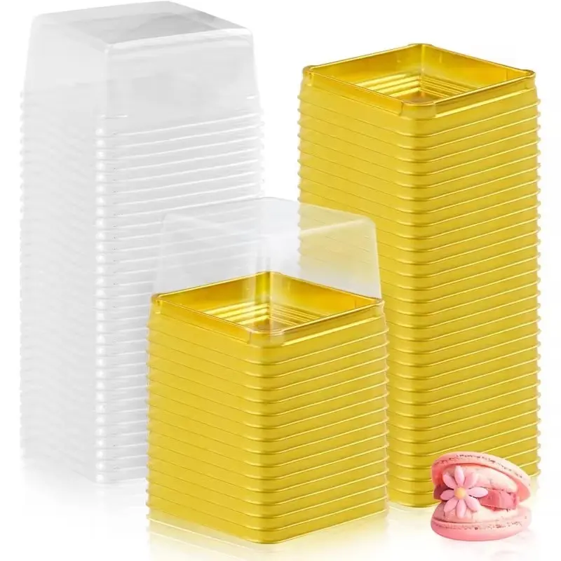 150 sets Mini Cupcake Containers Plastic Square Containers with Lids Cupcake Boxes Muffin Pod Dome Muffin Single Individual Container Box for Wedding Birthday Gifts Supplies (Golden)