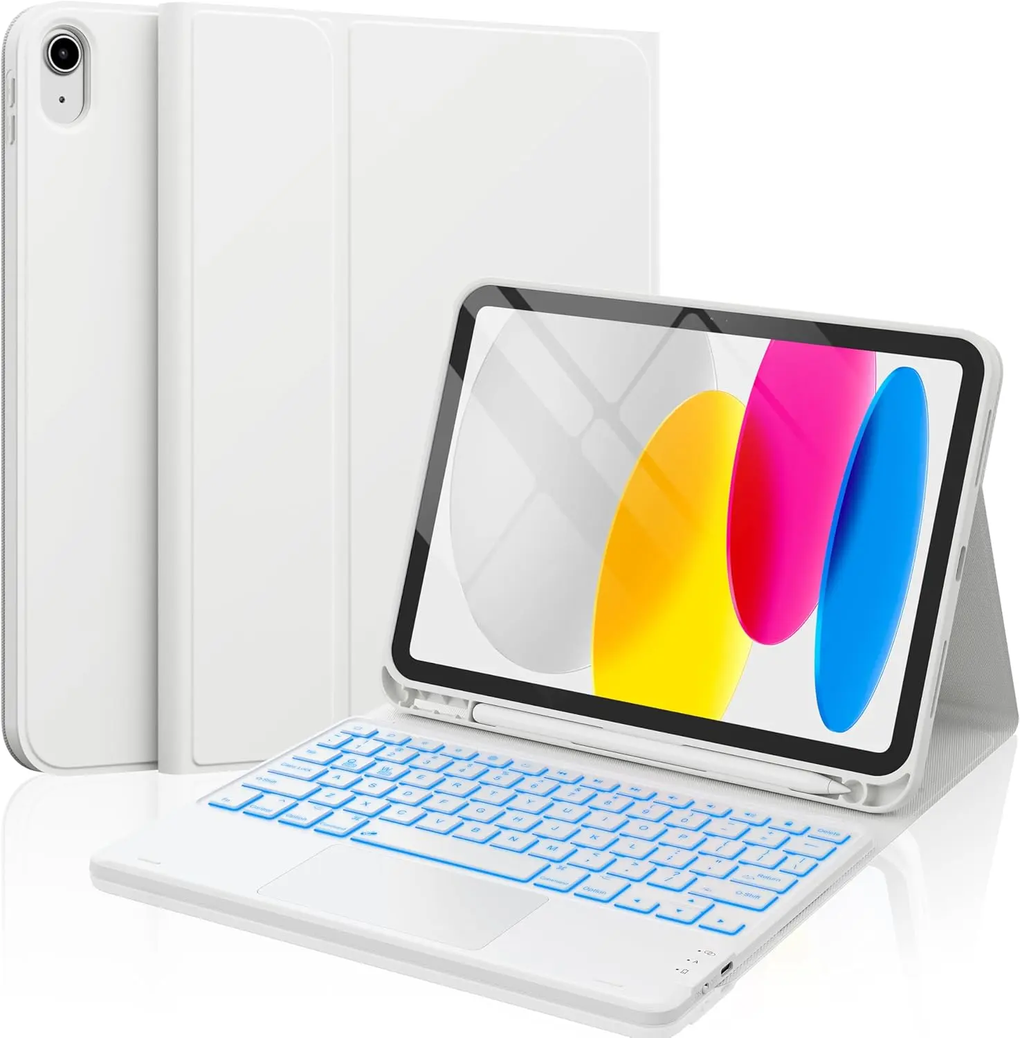 [CHESONA] for iPad 10th Generation Case with Keyboard, 2 Wireless Channels for iPad (A16) 11th/10th Gen (2025/2022), Backlight, Flip Stand Case with Pencil Holder, Multi-Touch Trackpad, （White）