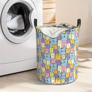 Cute Colorful Cartoon Cat Laundry Basket - Round Large-capacity Dirty Clothes Basket, Enhanced Oxford Fabric, All Printed Designs, Very Suitable for Family Bedrooms, Bathrooms, Clothes, Large Storage Basket Home Decoration, Laundry Basket