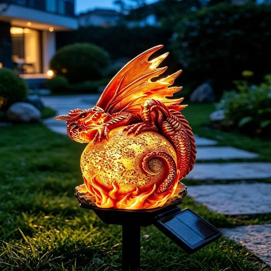 Solar Dragon Egg Garden Stake Light - Outdoor Waterproof LED Mythical Fire Dragon Resin Figurine, Home Improvement Garden Decor Supplies Gift for Lawn, Pathway, Patio