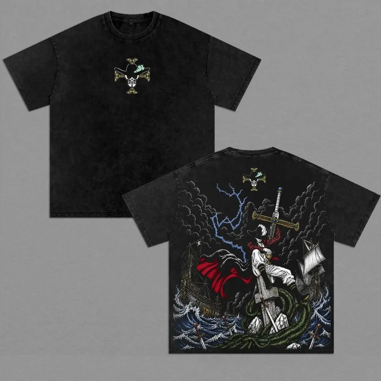 Dracule Mihawk - OP Anime Vintage Washed Shirt Greatest Swordsman Graphic Tee Warlord Pirate Streetwear 2MP