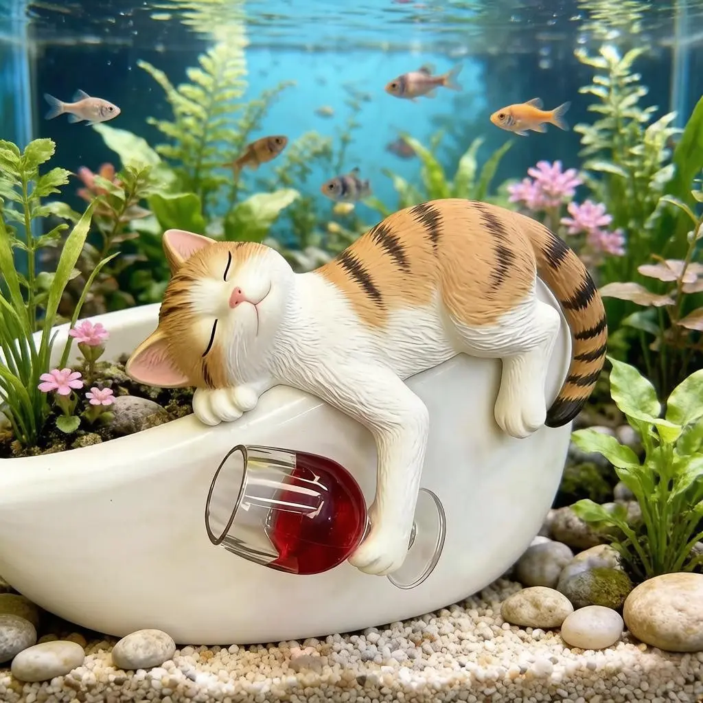 Resin Cat Drinking Sculpture, Creative Resin Frog Hanging Ornament, Handmade Flower Pot Fish Tank Decor, Fish Tank Decorations, Aquarium Decor, Outdoor Balcony Garden Decoration