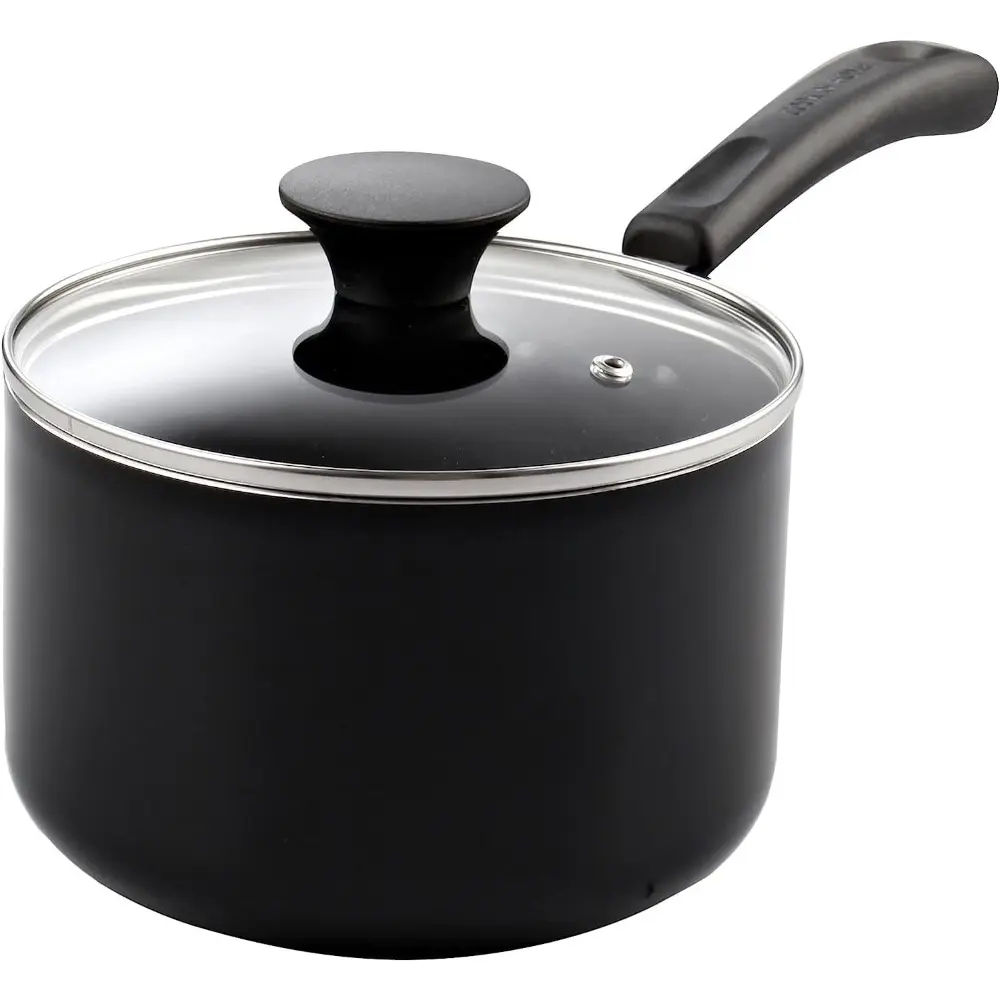 3-Qt Black Aluminum Nonstick Saucepan with Glass Lid - Durable Aluminum Body Pot, Easy-to-Clean Cooking Pot for Kitchen Use, Metal