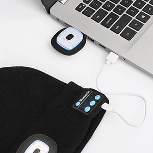 Bluetooth Beanie with a Light, Unisex USB Rechargeable 4 LED Fashlight Hat with Cordless Headphones, Unique Christmas Birthday Gifts for Men Him Husband Teen Black