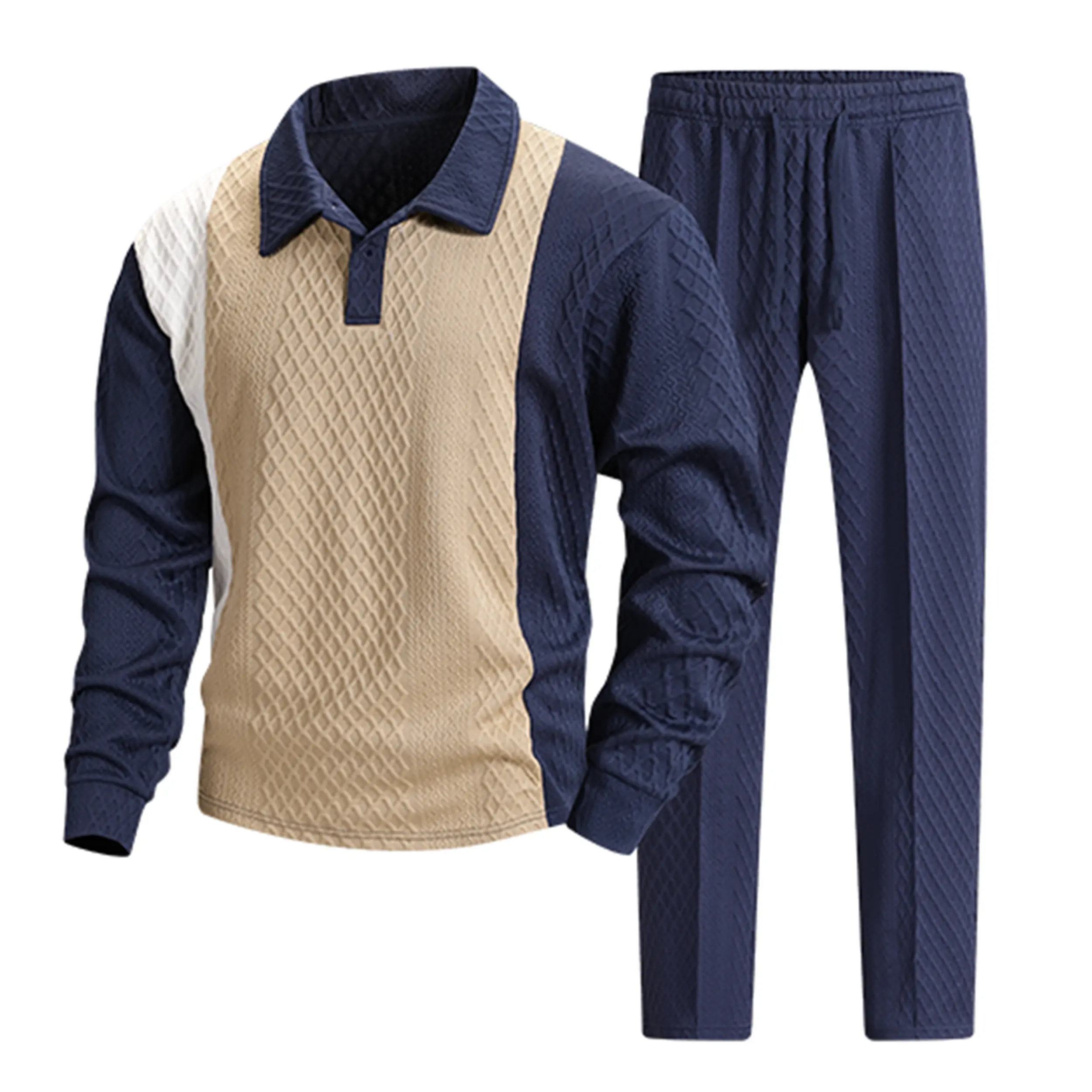 Men's 2-Piece Diamond Jacquard Textured Fabric Tracksuit - Color Block Long Sleeve Polo Shirt & Elastic Waist Drawstring Straight Pants Casual Outfit Set