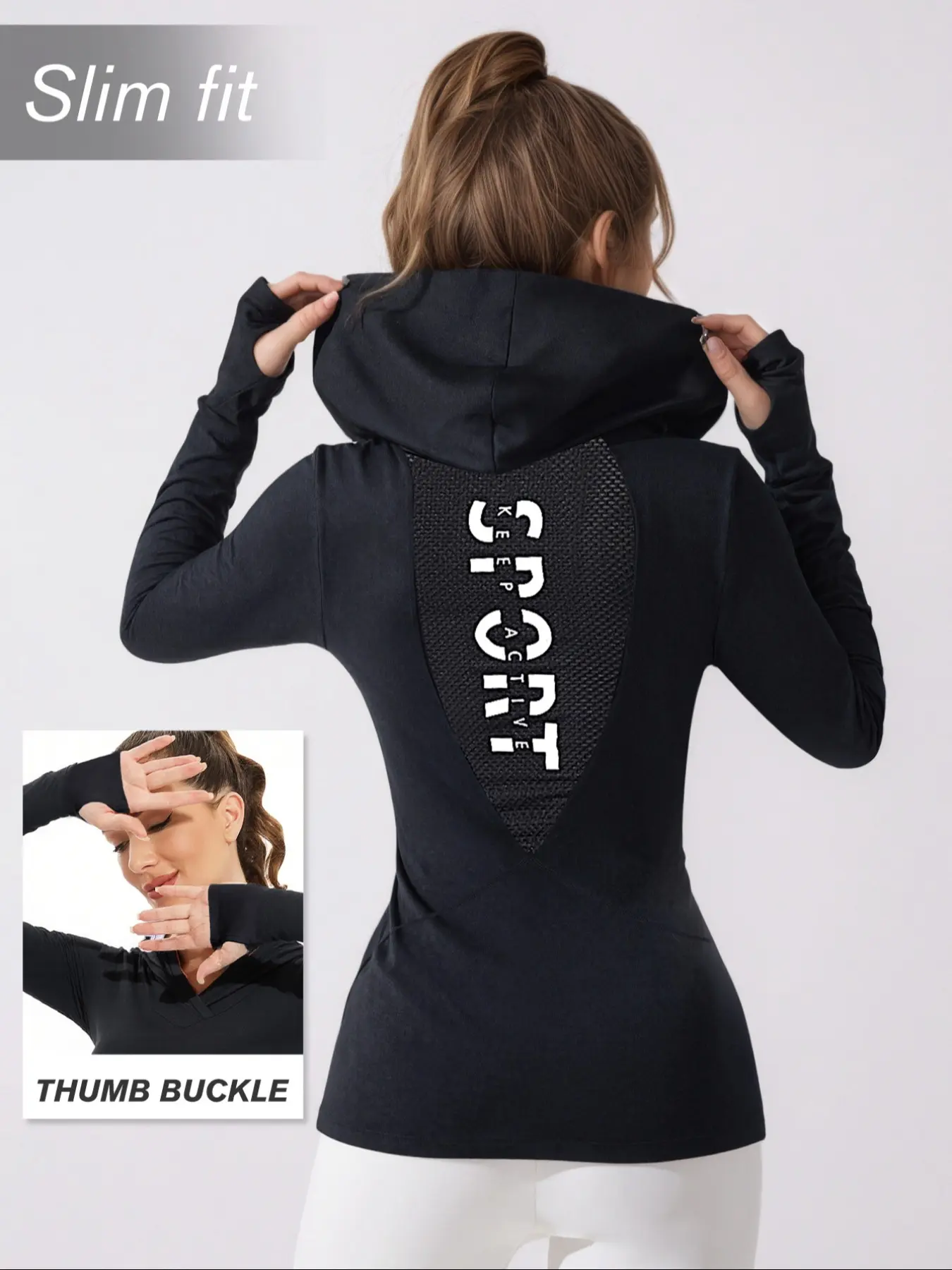 Women's Sport Hoodie Sweatshirt, Yoga Running Fitness Exercise Slim Fit Long Sleeve Thumb Hole Design Breathable Casual Mesh V Neck Pullover Activewear, Athletic Clothes, Elastic Breathable Sportswear