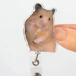 Funny Hamster Say Hi Meme Sparkly Retractable Badge Reel Cute Staring Hamster Acrylic ID Holder For Nurse Doctor Medical Student Gift