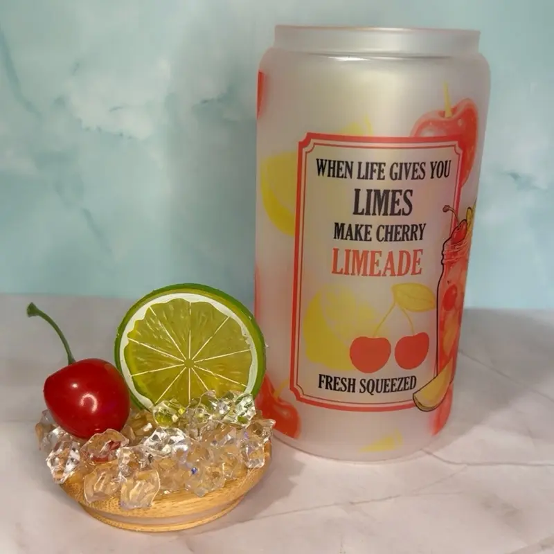 Custom Cherry Limeade Frosted Glass Cup-Iced Coffee Cup, Personal Cherry Limeade gift, Glass cup Gift