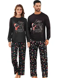 Couple's "Christmas Cat and Entwined Lights" Pajama set - Festive black home wear, decorated with playful cat and colorful light prints