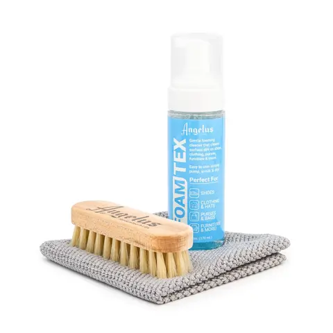 Angelus Foam-Tex Pump Handle Footwear Care Set - 1 Kit for Adults, Includes 5.7 fl. oz. Gentle Foaming Cleaner, Soft Hog Hair Brush, Premium Easy-to-Use Microfiber Towel, Eliminates Wasted Product